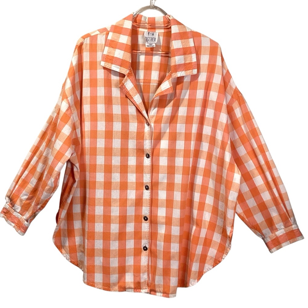 Vintage Cotton Gingham Plaid‎ Oversized 3/4 Sleeve Button Down Blouse, Size 16W